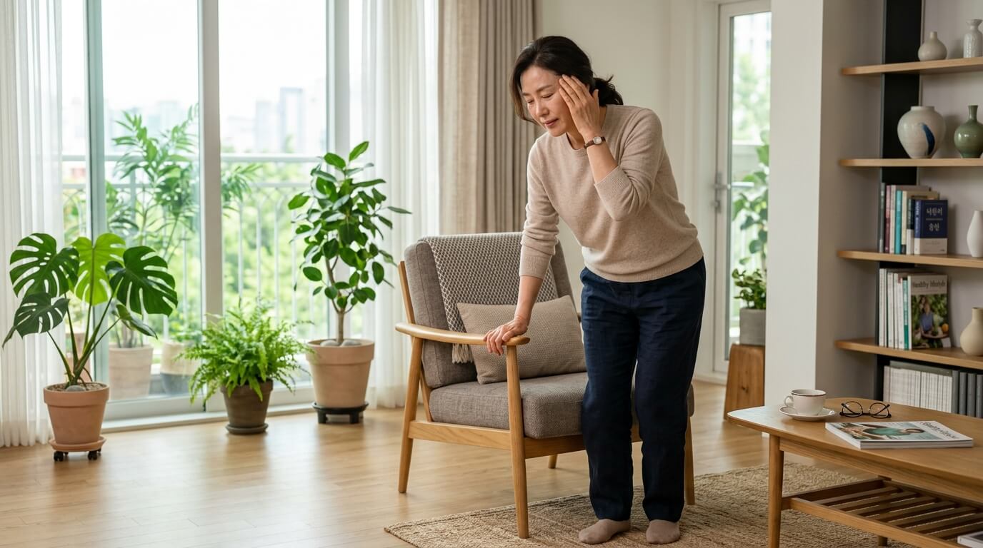 일어나다가 어지럼증을 느끼는 중년 여성