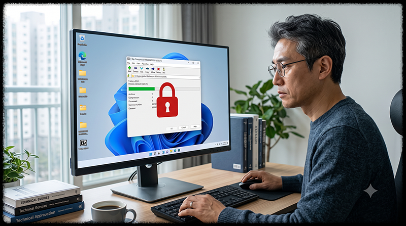 Windows 11에서 7-Zip으로 개인정보 폴더를 암호화하는 모습