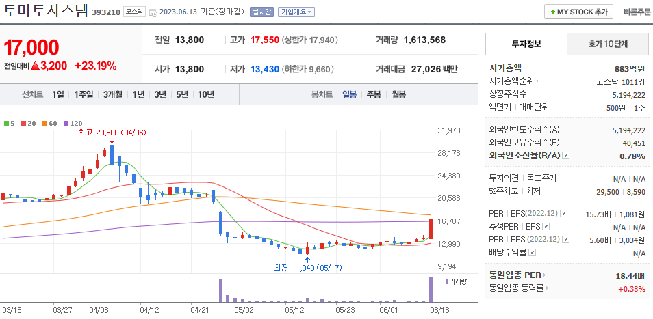 6월 13일 토마토시스템 주가 정보