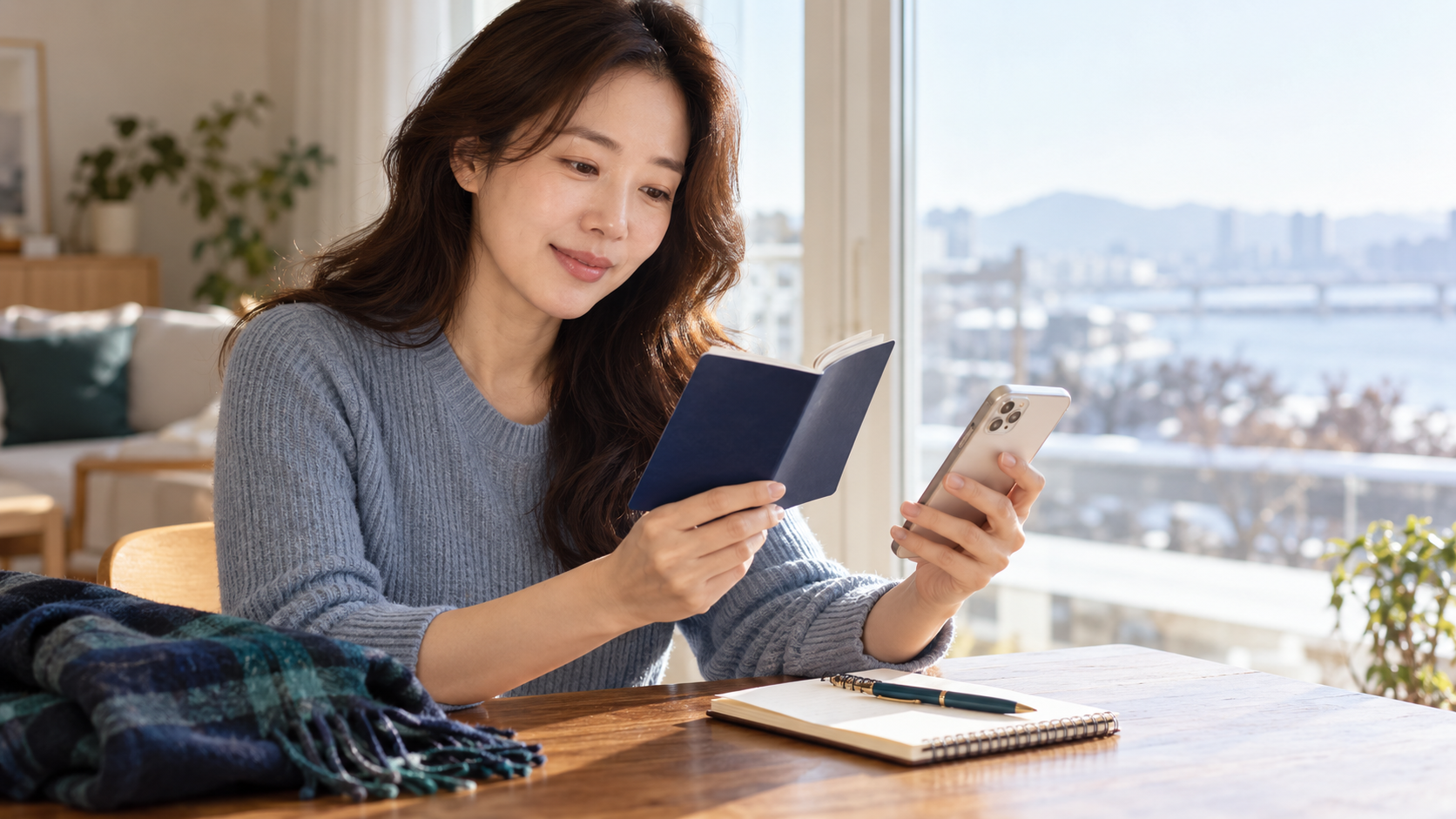 집에서 여권 유효기간을 확인하며 겨울방학 여행을 준비하는 여성
