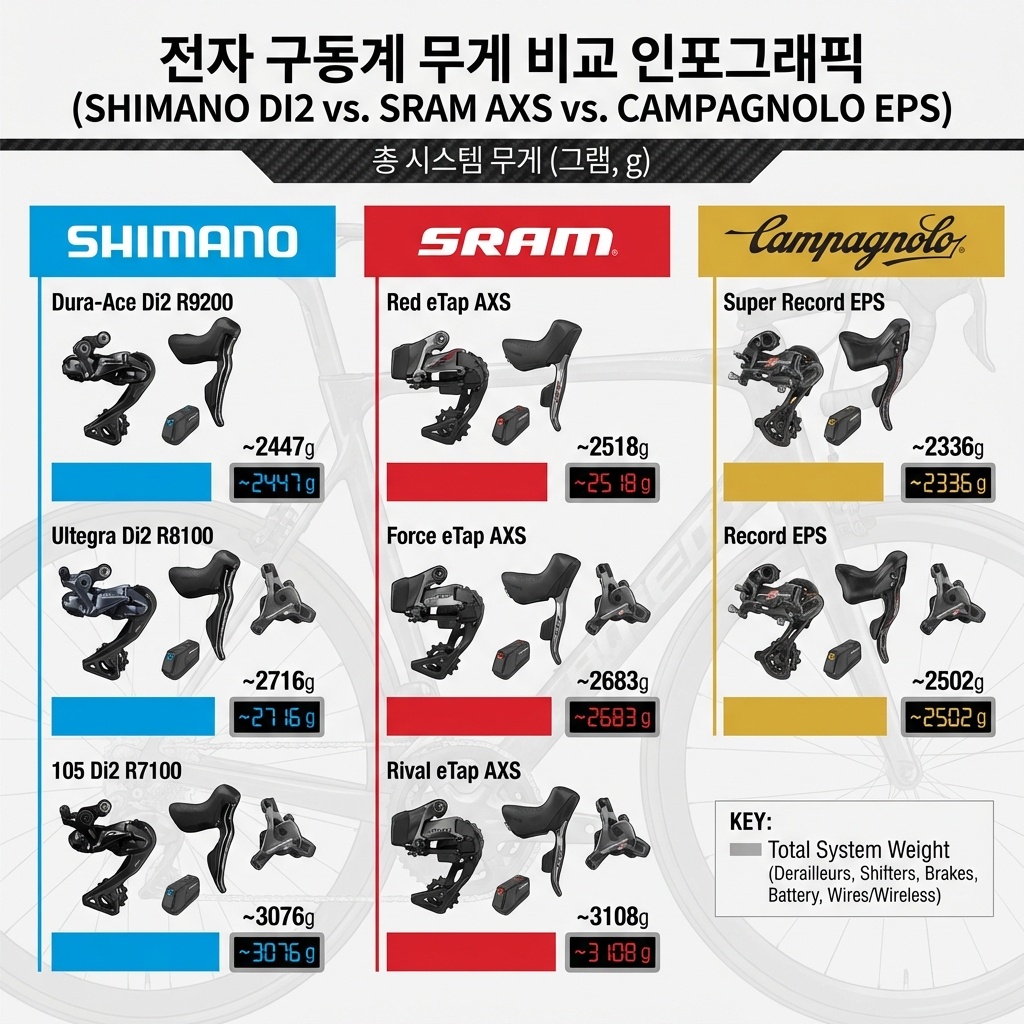 시마노 Di2, 스램 AXS, 캄파놀로 전동구동계 무게 비교 총정리