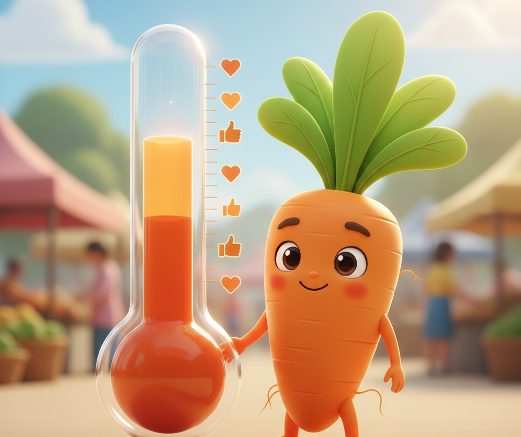 귀여운 당근 캐릭터가 하트와 따봉 아이콘이 그려진 커다란 온도계 옆에서 미소 짓고 있는 밝고 따뜻한 느낌의 일러스트입니다.