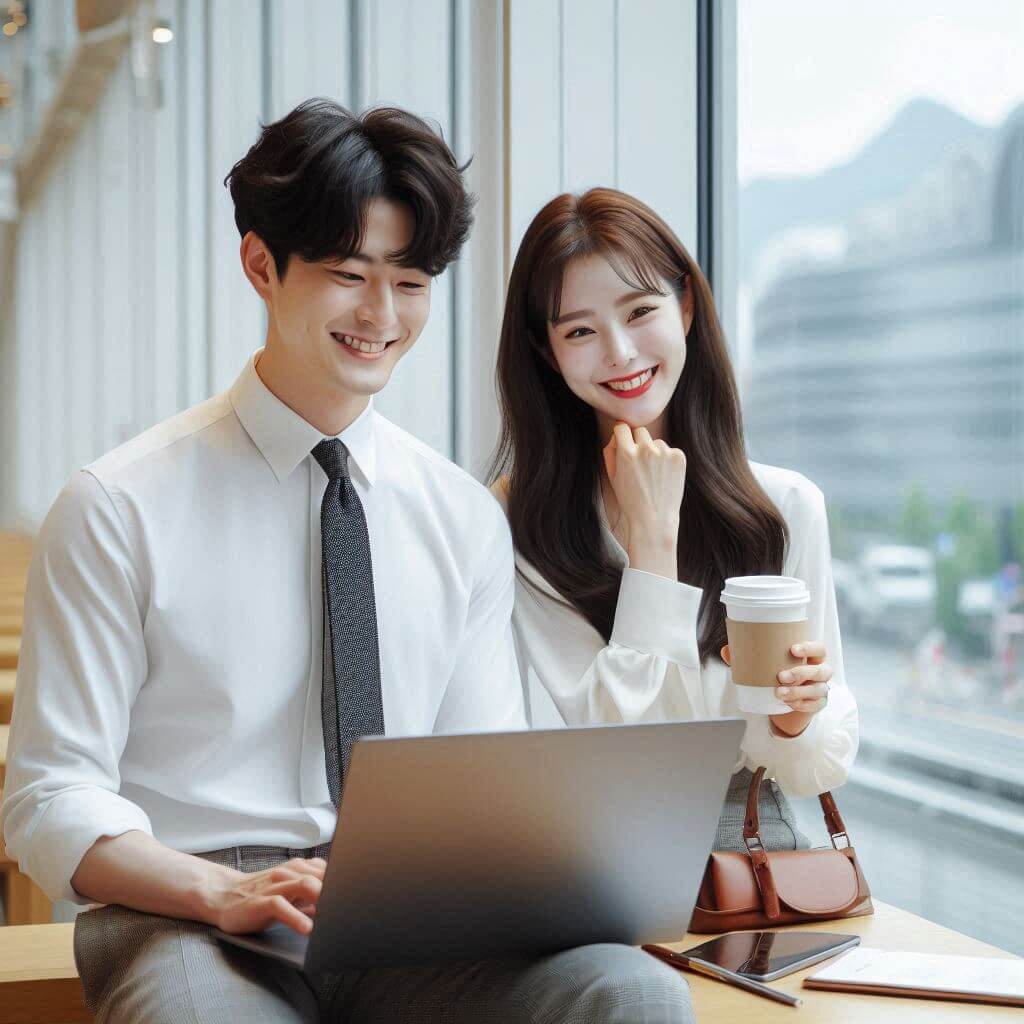 돈 버는 법을 공부하고 있는 직장인 남녀가 노트북컴퓨터으로 투자정보를 확인하고 있다.