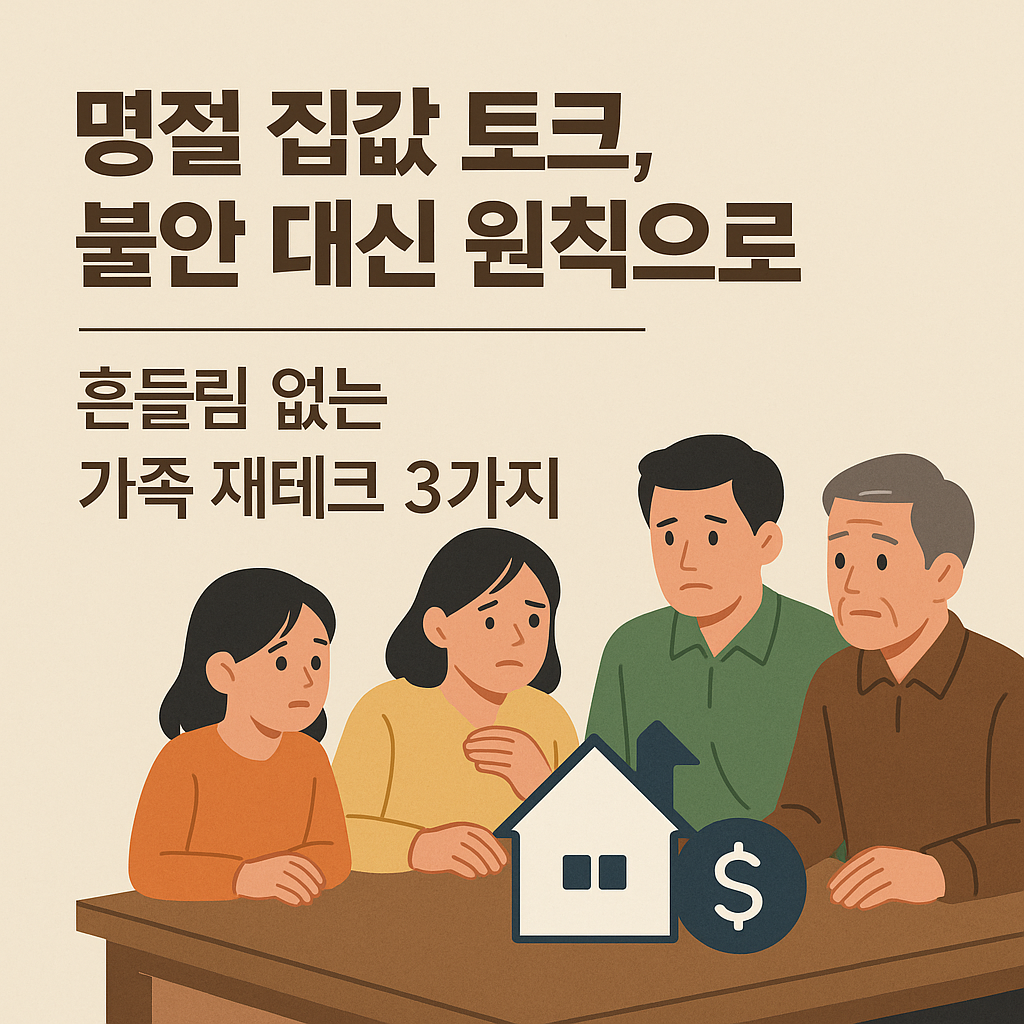 명절 밥상에서 가족들이 모여 부동산과 재테크를 이야기하는 모습, 집 모양 아이콘과 '흔들림 없는 가족 재테크 3가지' 문구가 함께 있는 이미지