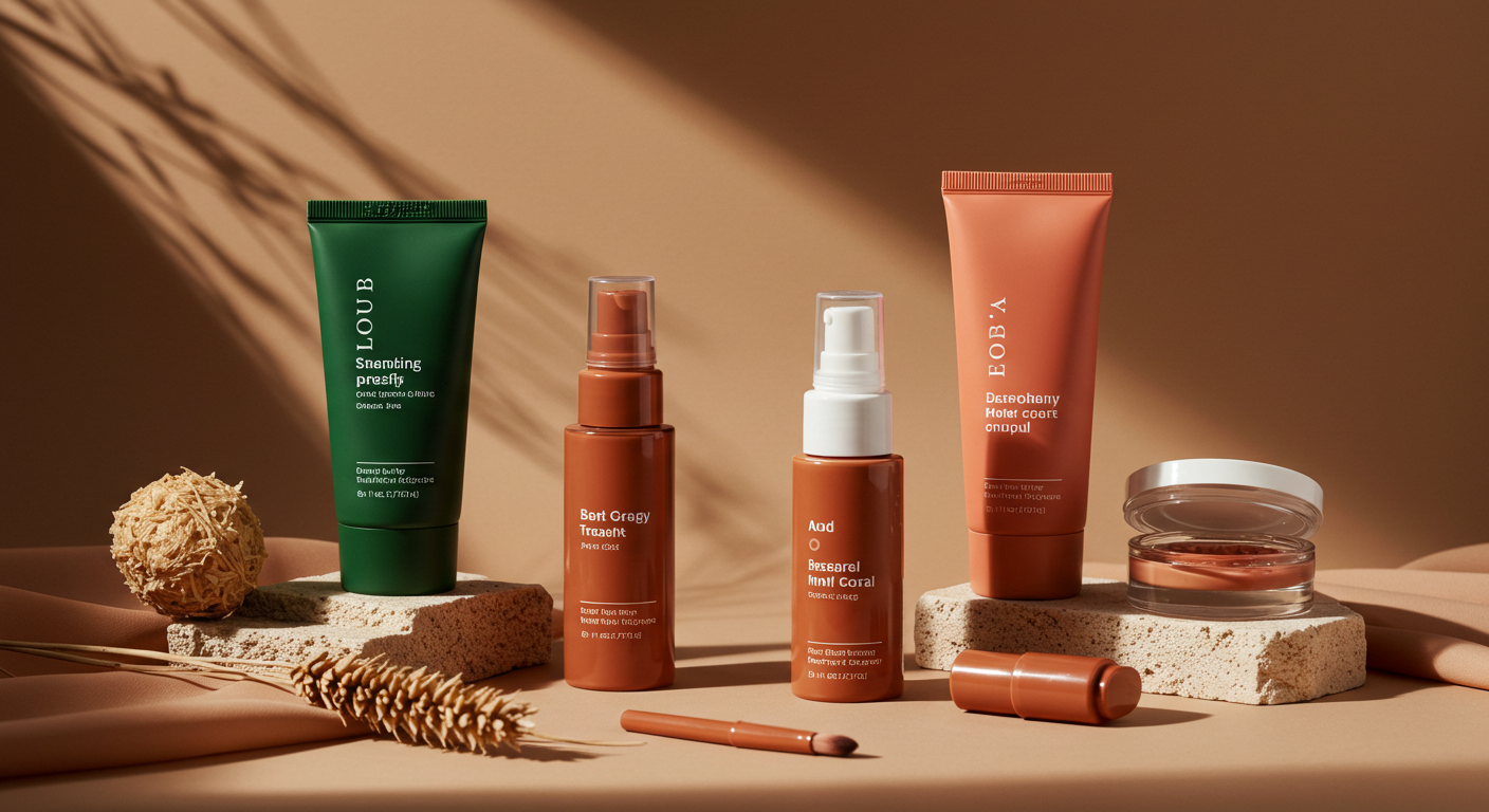 딥그린과 테라코타 컬러 중심으로 구성된 프리미엄 뷰티 제품 연출