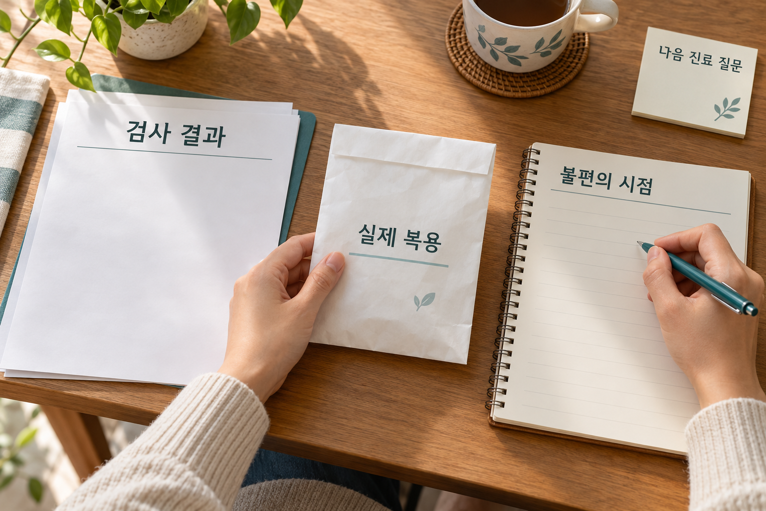 결과지&middot;약 목록&middot;불편 시점 메모를 정리하는 준비 장면