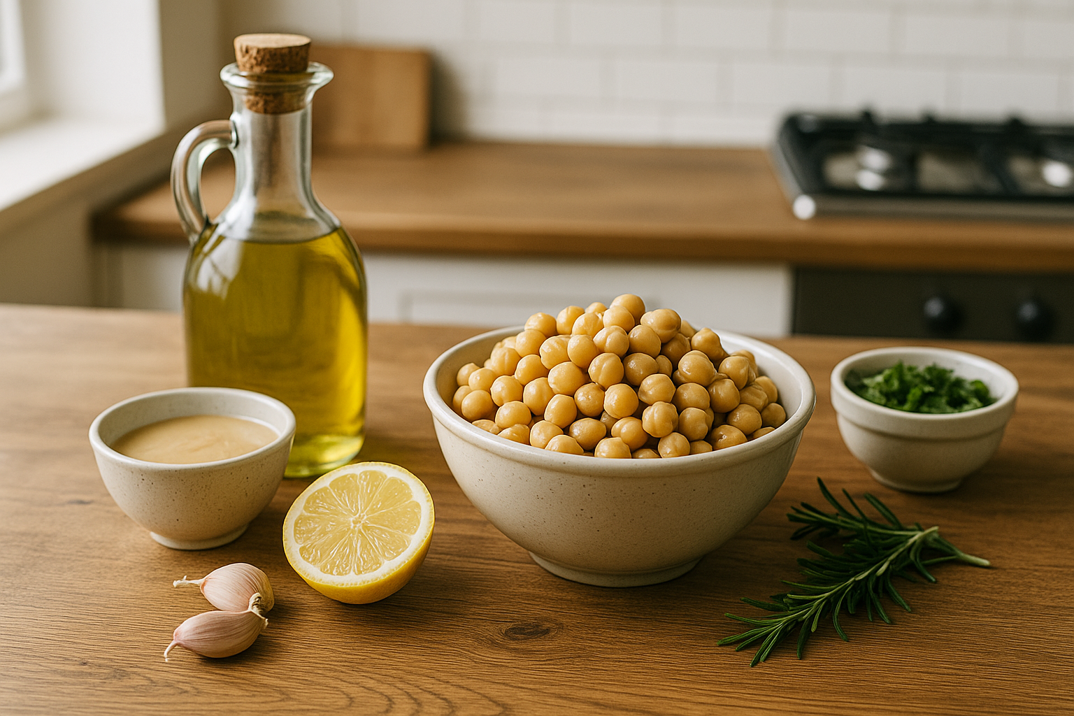 비건 후무스 재료로 준비된 병아리콩과 타히니, 레몬, 허브