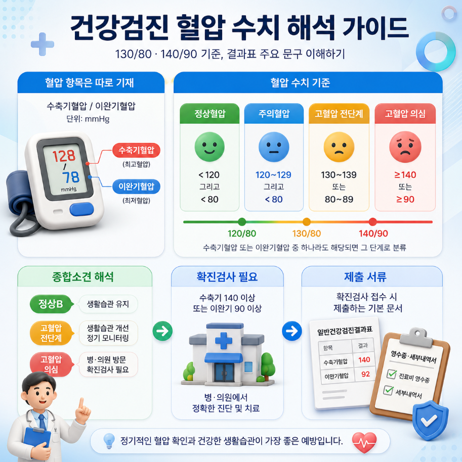 건강검진 혈압 수치 해석 기준과 정상혈압·주의혈압·고혈압 전단계·고혈압 의심 범위를 장난감 스타일로 정리한 인포그래픽