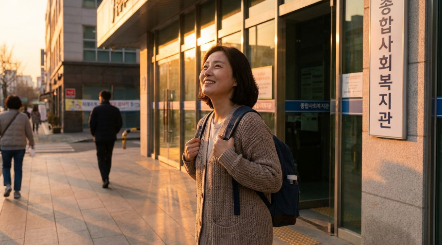 [퇴근길 가벼운 발걸음으로 웃으며 나서는 사회복지사의 모습]
