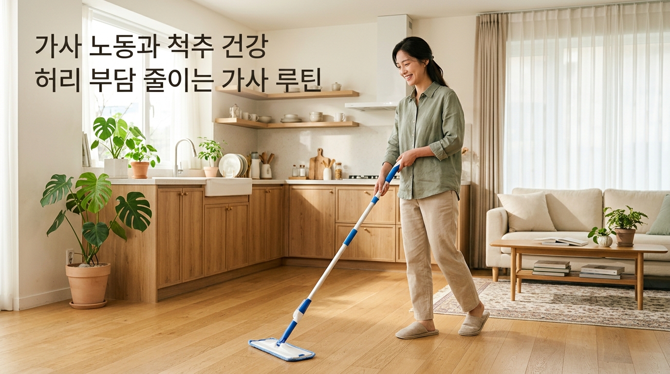 햇살이 비치는 아늑하고 깨끗한 집안에서 허리를 곧게 펴고 긴 자루가 달린 밀대로 편안하게 청소를 하고 있는 주부의 모습. '가사 노동과 척추 건강', '허리 부담 줄이는 가사 루틴'이라는 문구가 적혀 있어, 올바른 가사 자세와 인체공학적 루틴의 중요성을 시각화함.