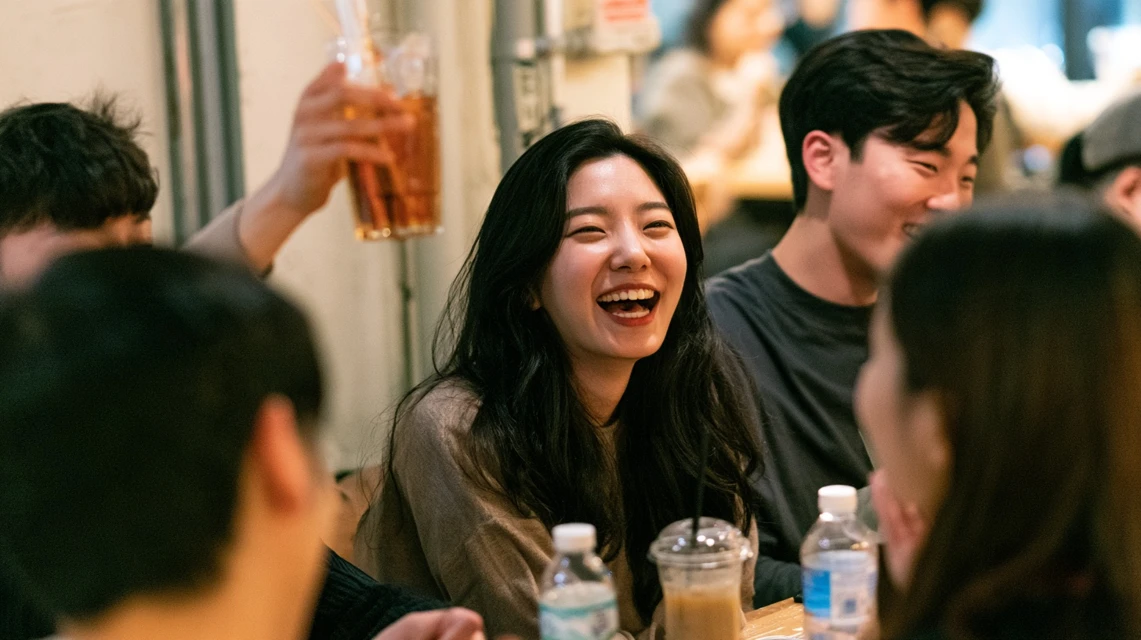 음료를 들고 웃는 모임 회원들