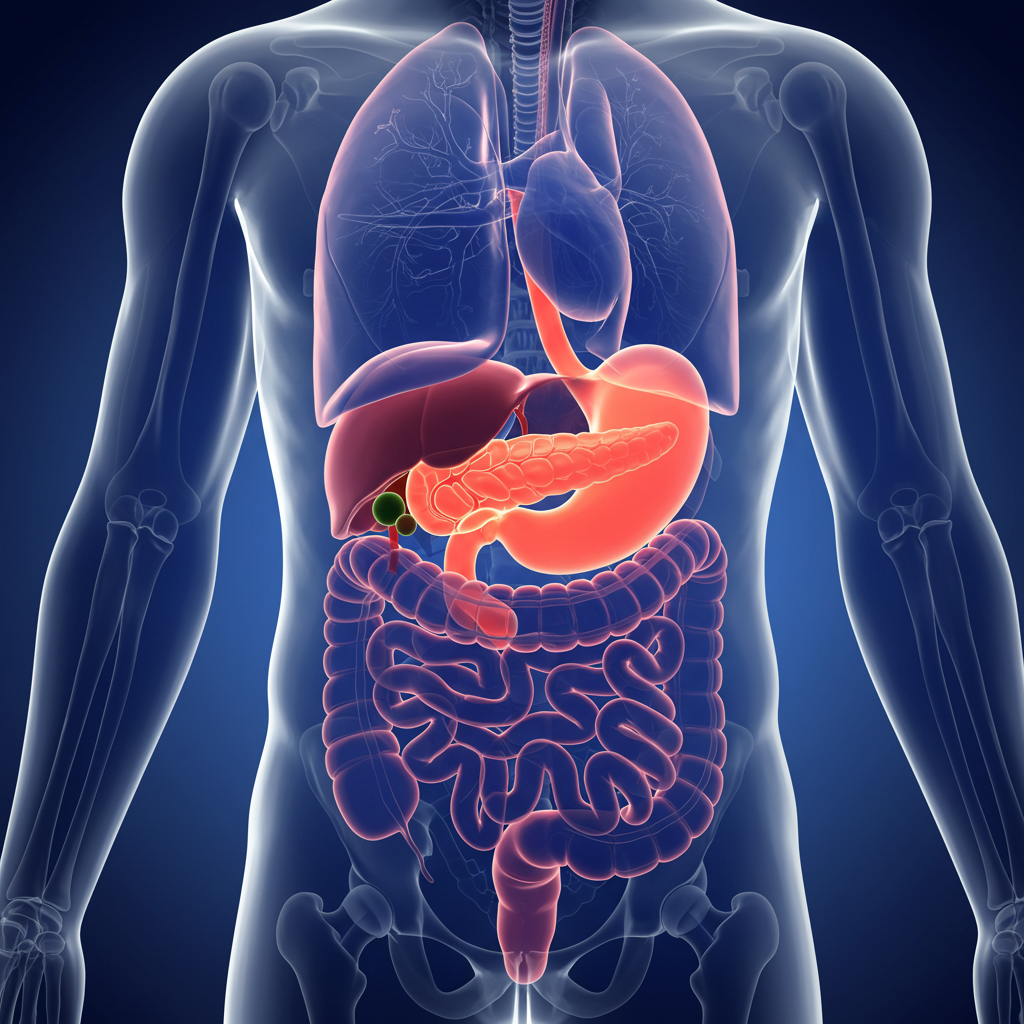 위 아래쪽에 위치한 인체 장기 '췌장'의 위치와 모양을 보여주는 의학 일러스트