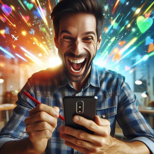 핸드폰 들고 웃고 있는 남성