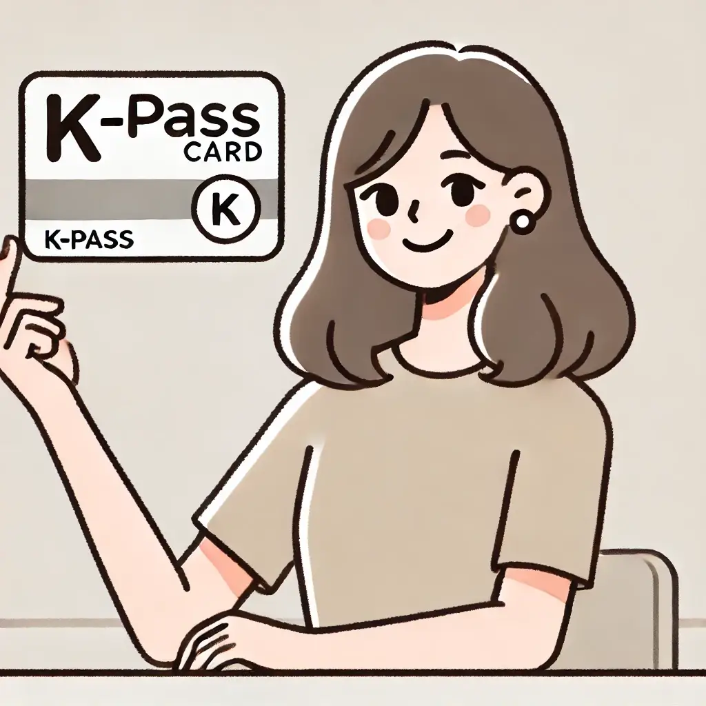 K-패스 카드를 들고 미소 짓는 여성의 일러스트.