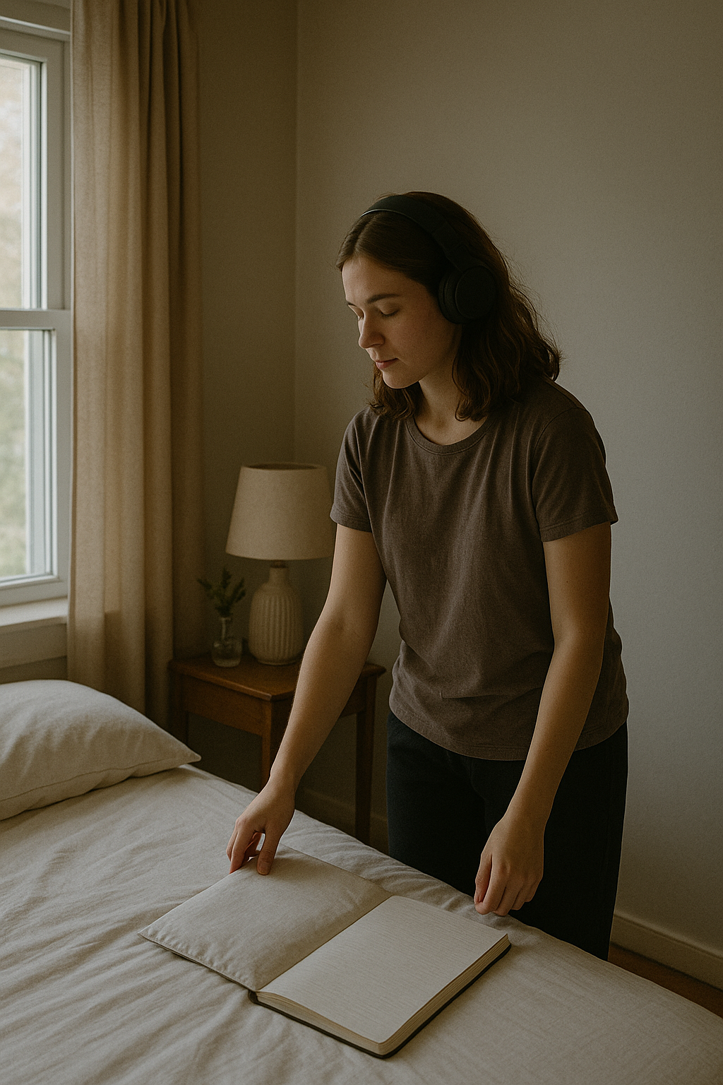 방 안에서 조용히 정리하고 있는 사람, 조명과 창가, 따뜻한 톤의 실내 이미지
창문 열기, 정리된 방, 음악 듣는 사람