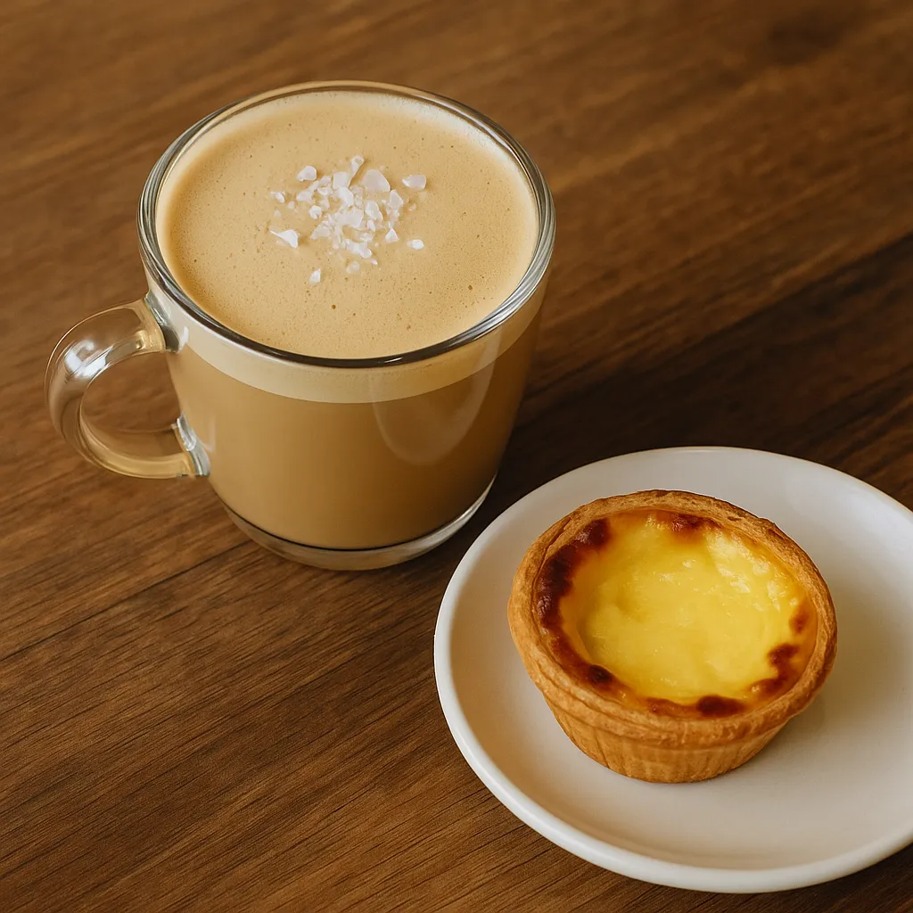 나무 테이블 위에 소금커피와 에그타르트가 놓인 모습