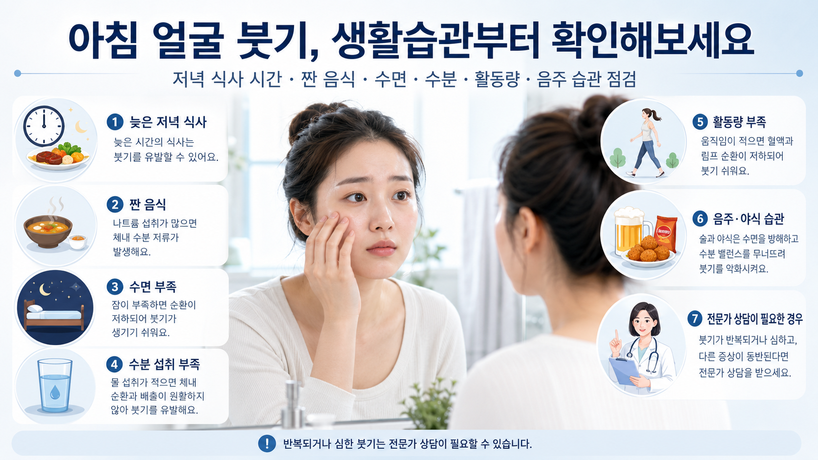 아침 얼굴 붓기와 생활습관 점검을 표현한 건강 정보 이미지