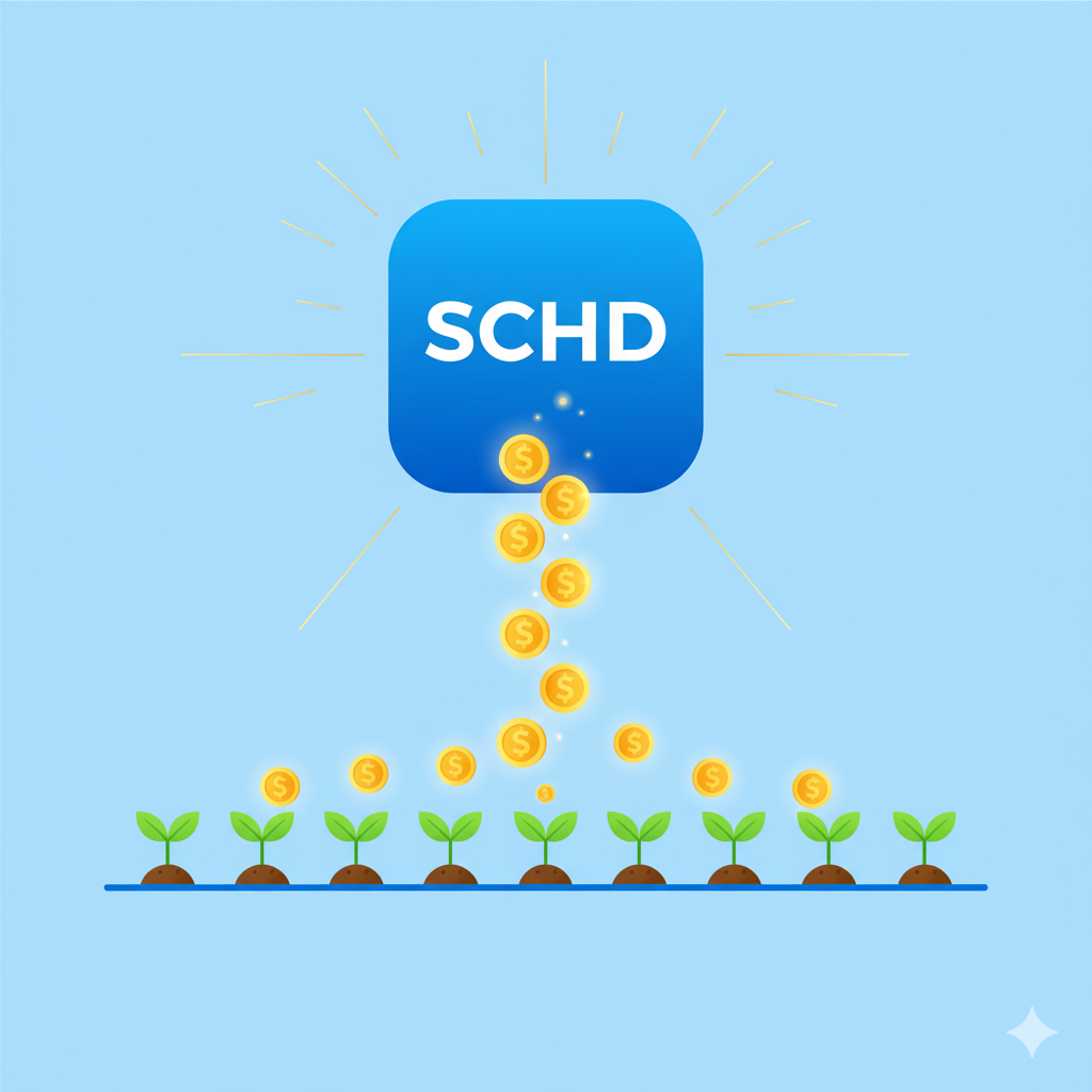 SCHD ETF의 배당금이 재투자되어 복리 효과로 자산이 성장하는 과정을 보여주는 인포그래픽