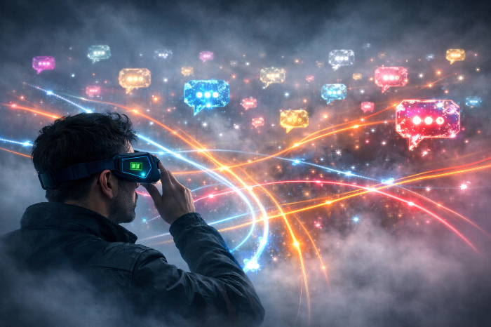 특수 안경으로 안개 속 숨겨진 공유 경로를 찾아내는 마케터.