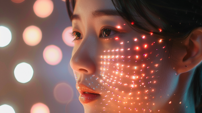 AI 피부진단 기기로 얼굴을 스캔하는 20대 여성, 밝은 화이트 배경, 미래적 조명, 미니멀 스타일