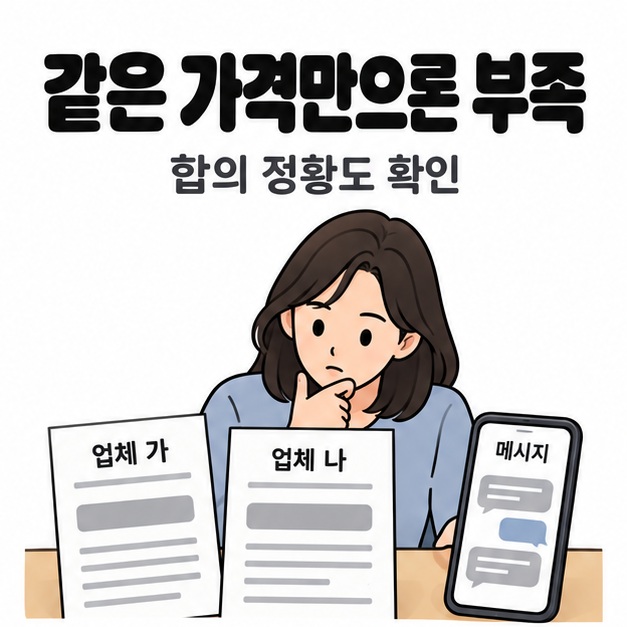 같은 가격만으론 부족 문구 아래 소비자가 업체 가와 업체 나의 안내문, 휴대전화 메시지 기록을 함께 확인하는 모습