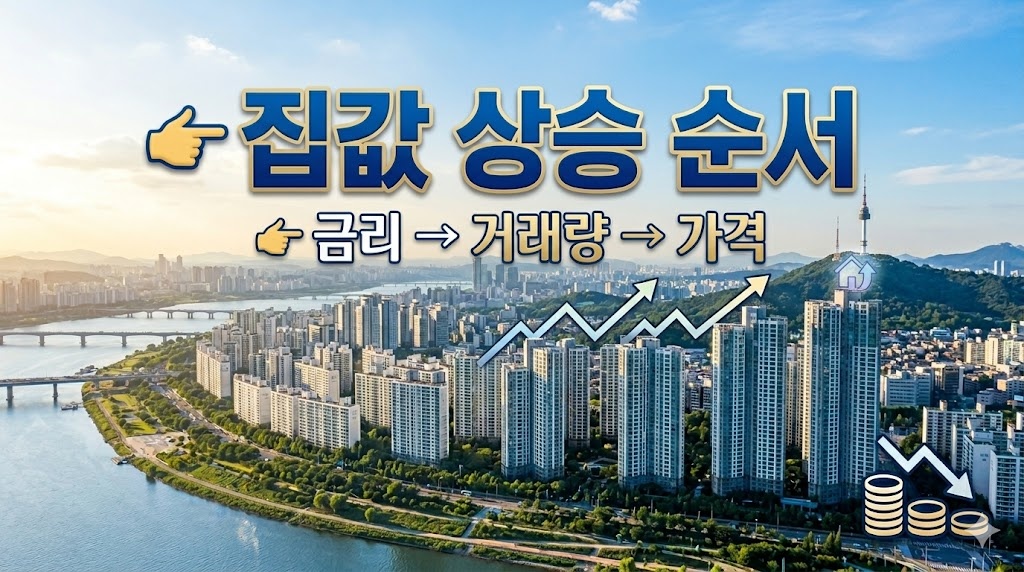 서울 도심 전경을 배경으로 금리, 거래량, 가격의 상관관계를 설명하는 썸네일