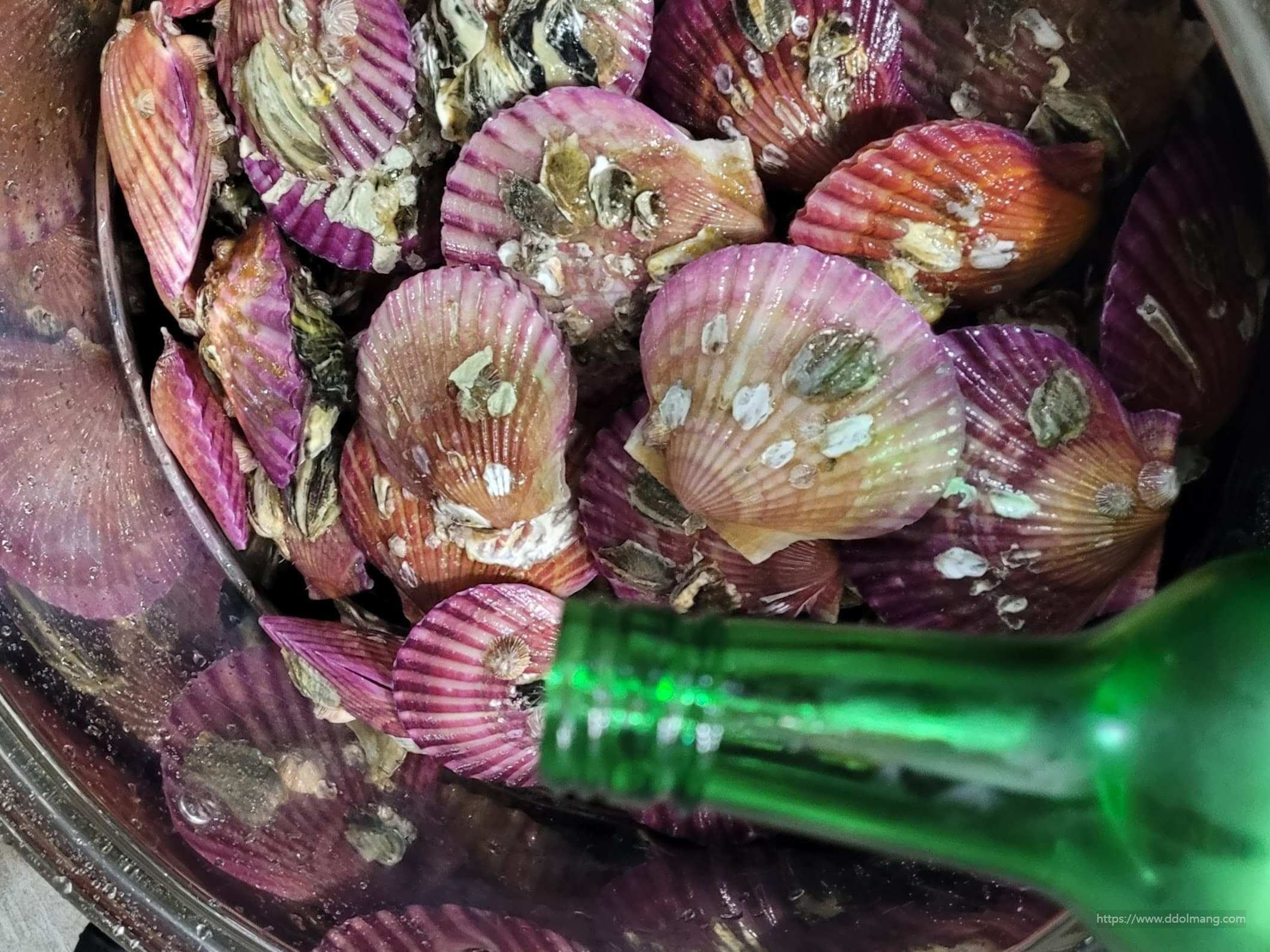 가리비와 굴을 넣은 찜통에 소주를 넣는 모습