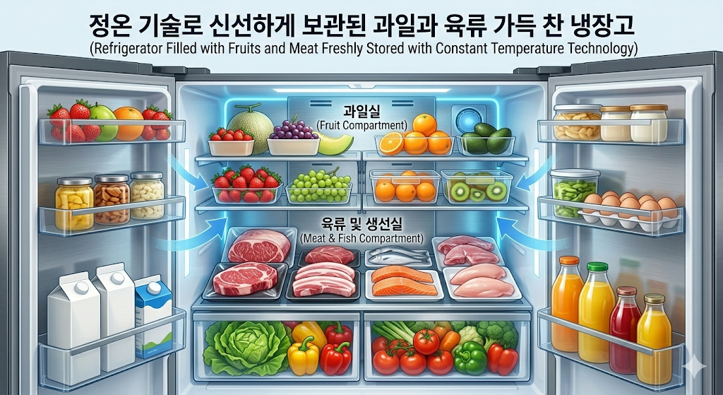 미세 정온 및 독립 냉각 기술로 신선도가 최상으로 유지된 냉장고 내부