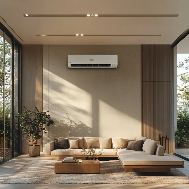 현대적 디자인의 에어컨이 거실에서 시원한 바람을 내뿜으며 우아한 공간을 연출하고 있습니다. 최신 기능으로 효율을 높인 이 제품은 집안의 온도를 적절히 유지해 편안한 환경을 제공합니다.