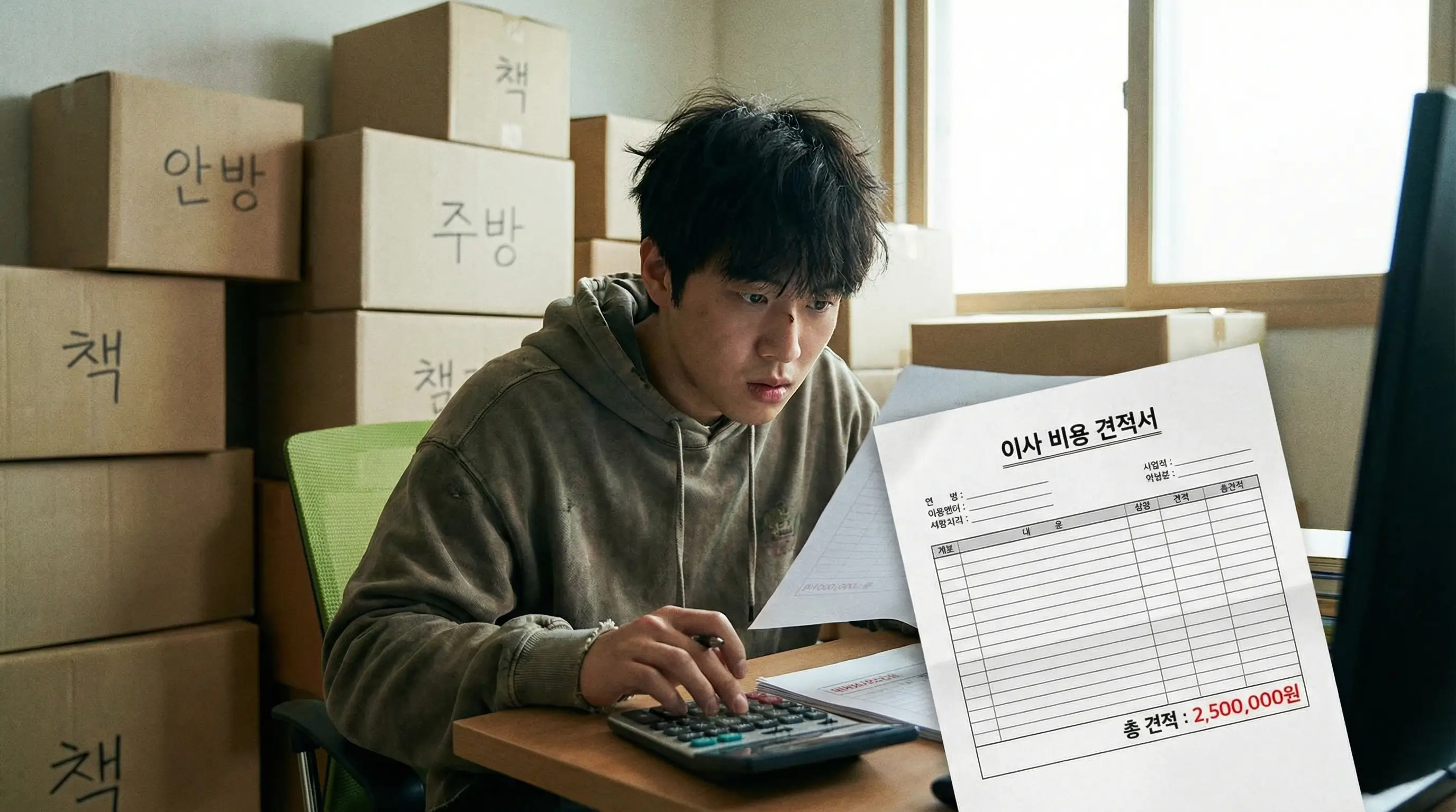 이사 박스가 쌓인 방에서 계산기를 두드리며 이사 비용 견적서를 걱정스럽게 바라보는 청년의 모습