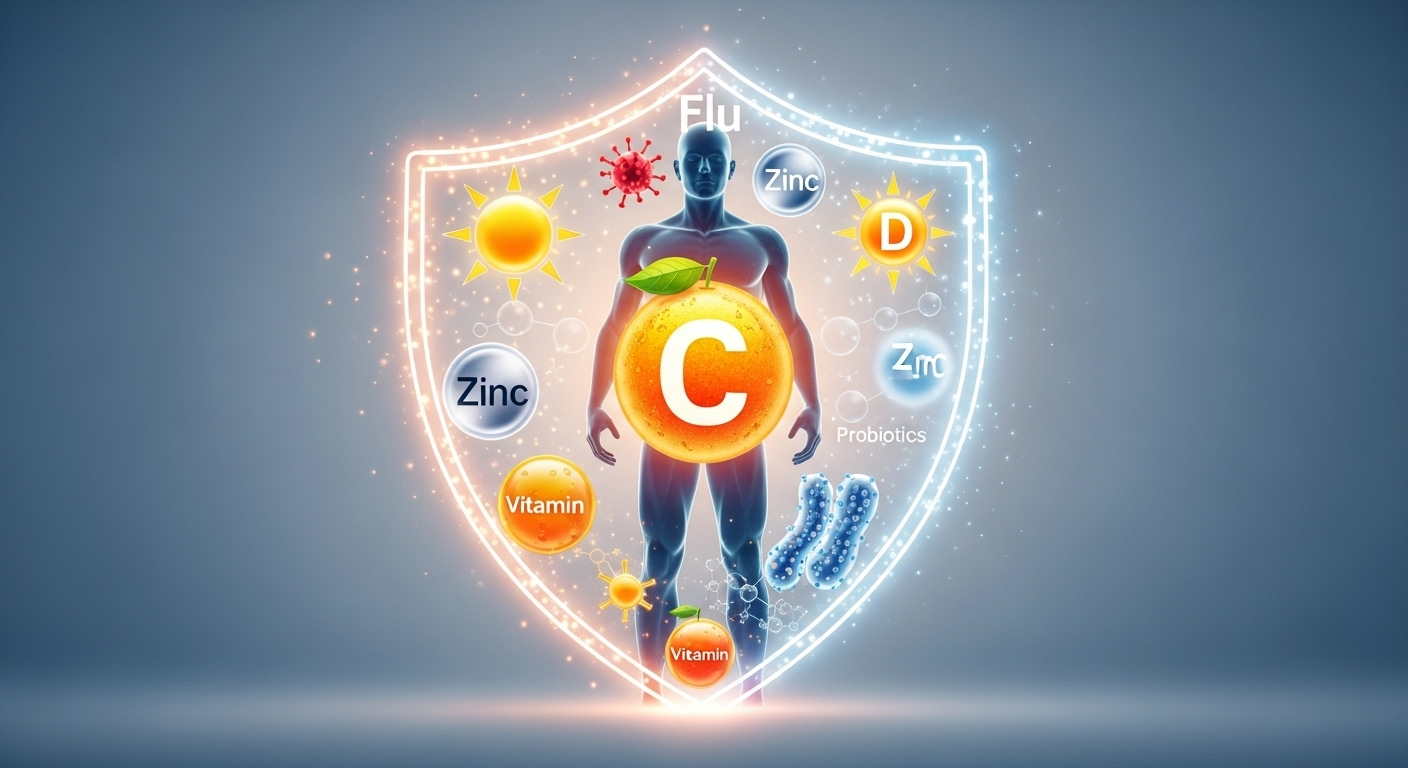 활력 넘치는 사람이 비타민, 아연, 프로바이오틱스 등 다양한 영양소 심볼로 이루어진 빛나는 방패로 둘러싸여 독감 바이러스로부터 보호받는 모습. 건강한 면역력 강화를 상징합니다.