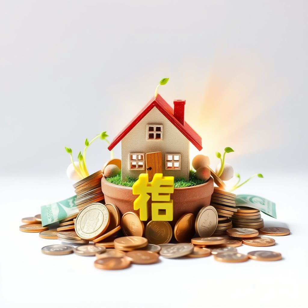 아기자기한 집 모형 옆에 동전, 지폐, 또는 '₩' 기호와 함께 작은 화분이나 저금통 등이 놓여 있는 모습입니다. 집을 둘러싼 초록색 새싹이나 밝은 빛을 추가하여 성장을 돕고 희망을 주는 의미를 더합니다. 자녀장려금이 가계에 긍정적인 영향을 미침을 은유적으로 보여줍니다. 밝고 긍정적인 톤의 일러스트 또는 정물 사진 스타일입니다.