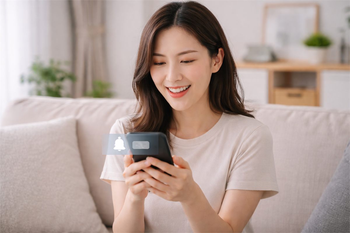 집에서 스마트폰 알림을 확인하며 안도하는 성인 여성의 모습