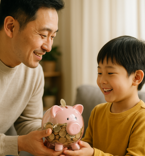 가득 찬 저금통을 아버지로 부터 건네받는 아이 이미지