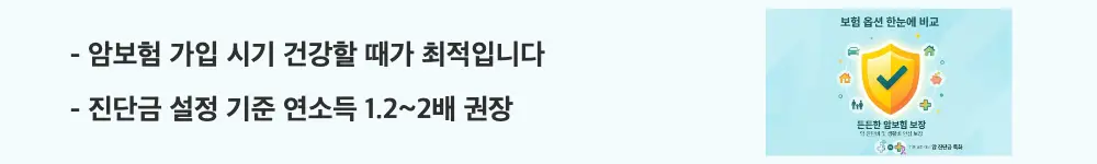 암보험 비교 및 필요성: "암보험 가입 시기 건강할 때가 최적입니다 / 진단금 설정 기준 연소득 1.2~2배 권장"이라는 문구가 포함된 웹배너 이미지. 이 이미지는 암보험의 최적 가입 시기와 적정 진단금 설정 기준을 시각적으로 전달하며, 블로그의 암보험 가입 시기 및 진단금과 관련된 내용을 설명함