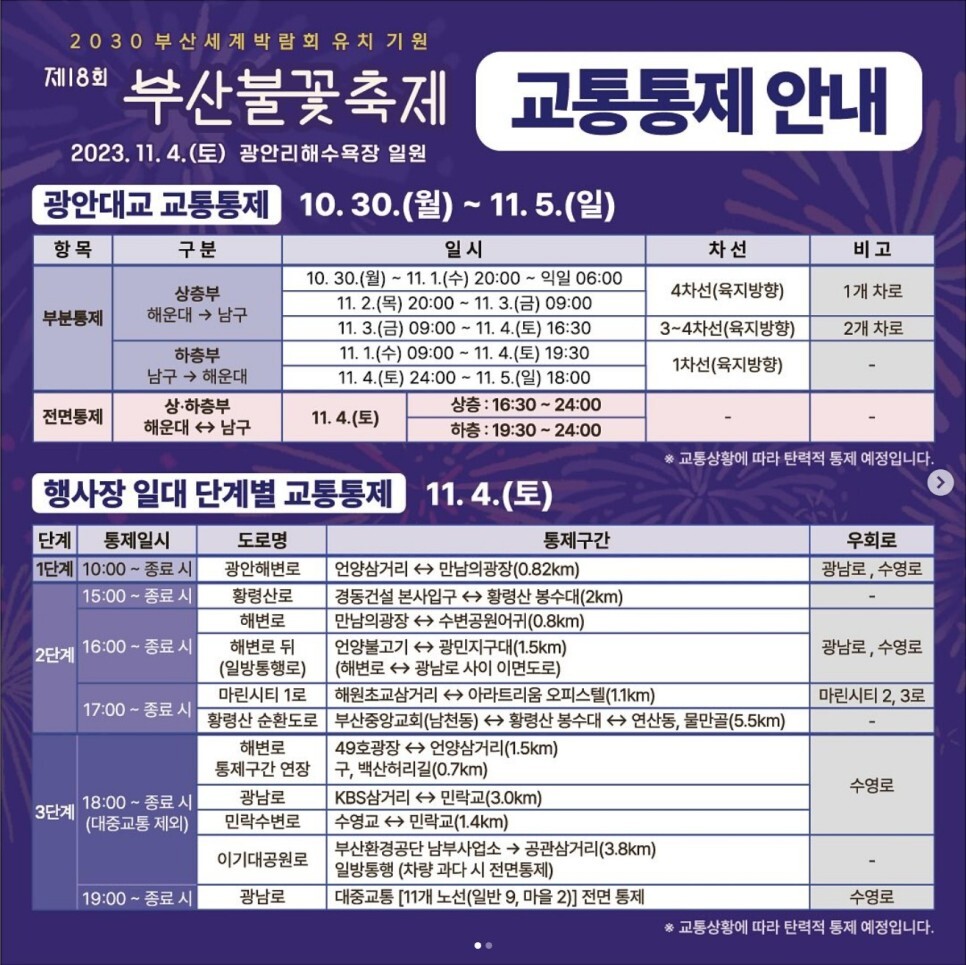 부산 불꽃축제 교통통제 안내문