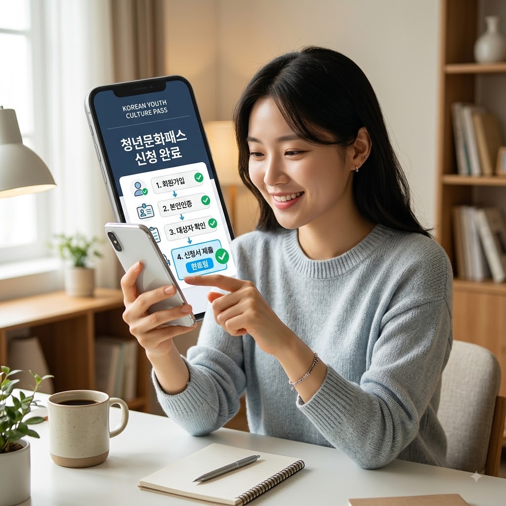 스마트폰으로 본인인증과 청년문화예술패스 발급을 신청하는 청년