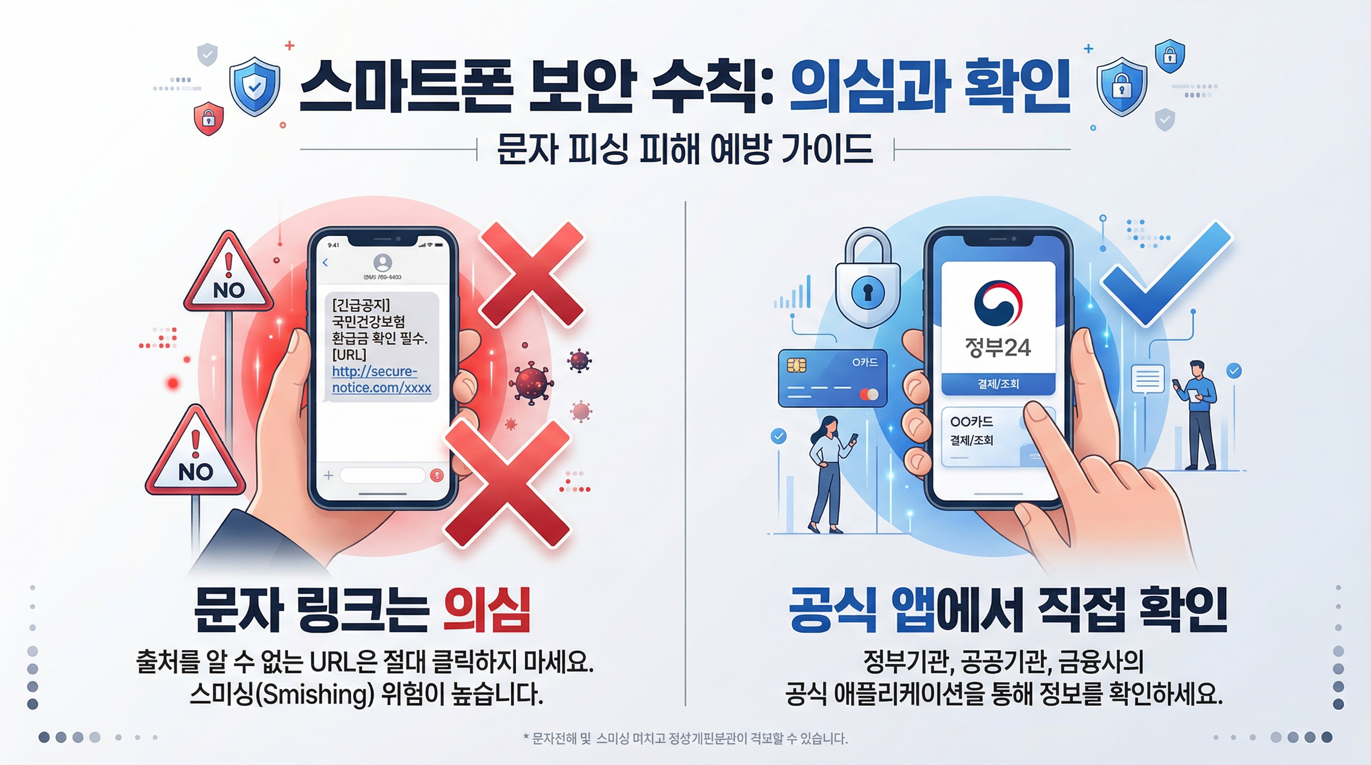 소비쿠폰 문자 링크를 누르지 말고 정부24나 카드사 공식 앱에서 확인해야 함을 보여주는 비교 이미지