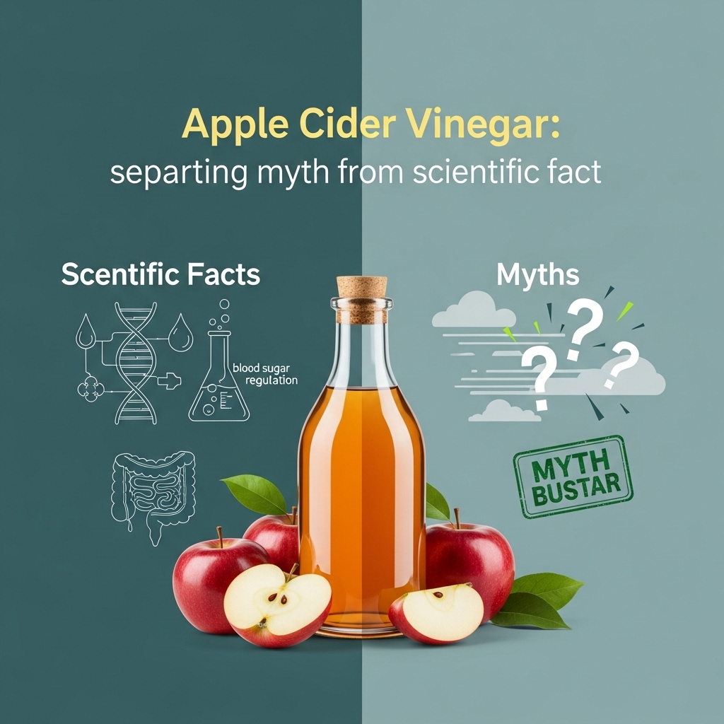 과학적으로 밝혀진 애플사이다비니거의 효능과 흔한 오해를 상징적으로 보여주는 그림. 사과식초병과 사과 주변으로 혈당 조절, 소화 개선 등 과학적 진실을 나타내는 깨끗한 이미지와 과장된 오해를 상징하는 추상적인 요소들이 대비되어 있습니다.