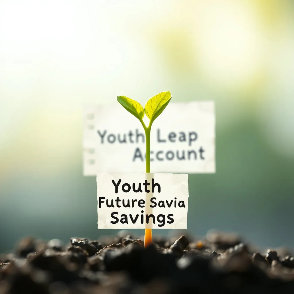 밝고 희망찬 분위기 속에서 영어로 '청년미래적금'이라고 쓰인 새싹이 돋아나고, 그 뒤로는 '청년도약계좌'라는 글씨가 있는 빛바랜 종이가 놓여 있습니다. 배경에는 대한민국을 상징하는 태극 문양의 색상이 은은하게 비칩니다.