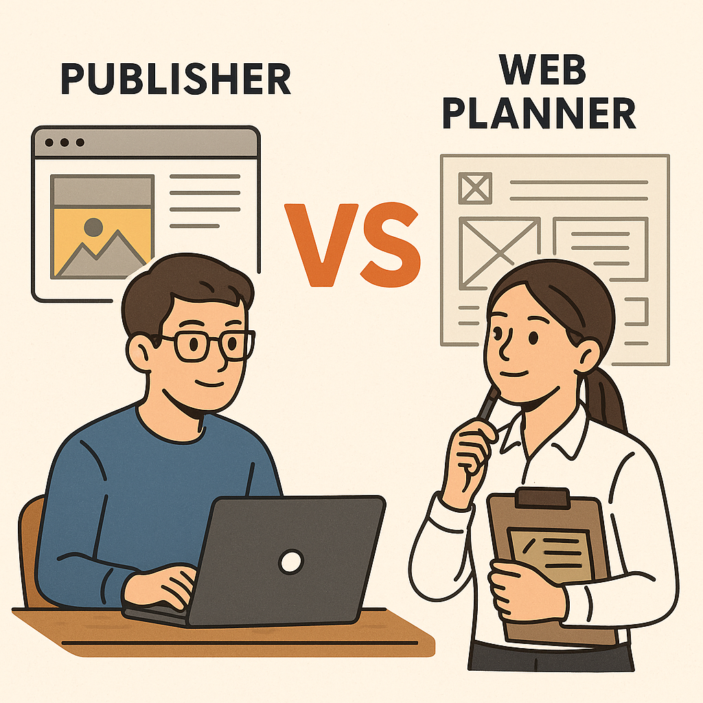 노트북으로 웹 화면 구현 중인 퍼블리셔 vs 펜과 노트를 들고 화면 구성을 구상 중인 웹 기획자를 형상화 한 이미지