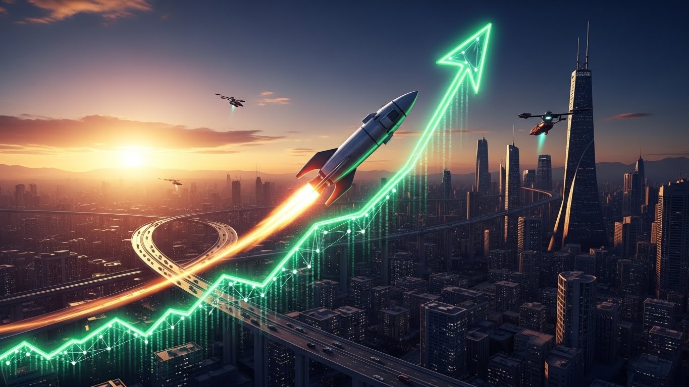 A steeply rising green stock chart over a futuristic city background. A rocket flying along the chart line.