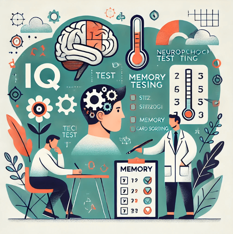 IQ 테스트 , 기억력 척도 , 신경심리학 테스트를 포함한 전통적인 인지 테스트 방법을 보여주는 이미지