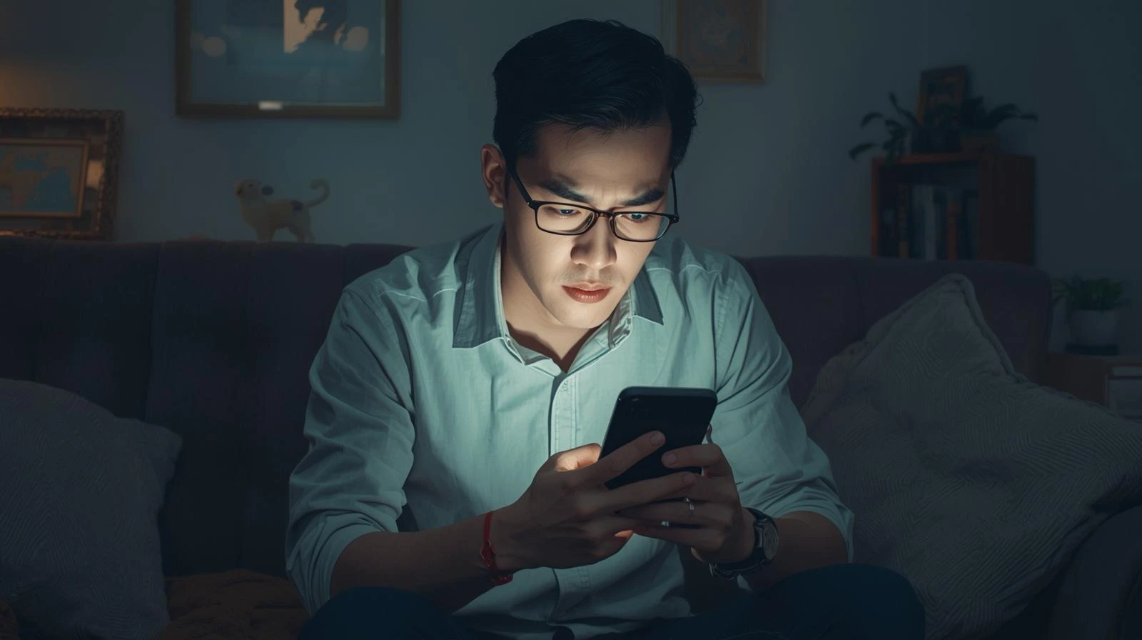 새해 계획 실행을 미루고 스마트폰을 보며 내적 갈등을 겪는 사람의 모습