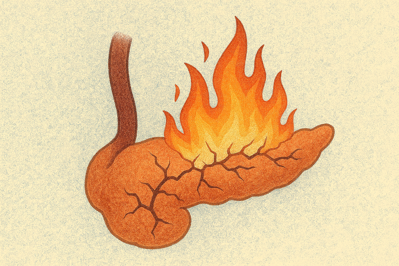 “소화효소에 의해 손상되는 췌장을 상징하는 은유적 이미지”