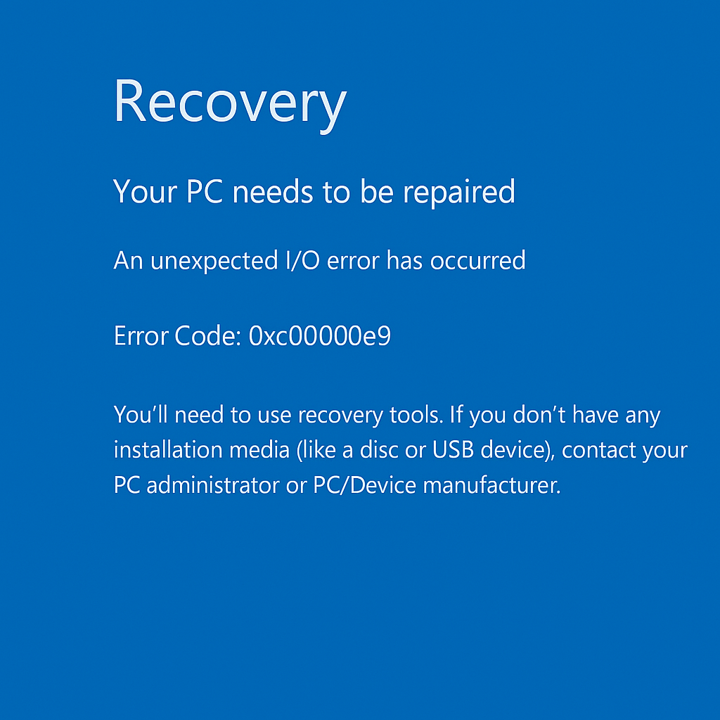 "Windows 복구 화면, 오류 코드 0xc00000e9와 'Your PC needs to be repaired'라는 메시지가 표시된 블루 스크린"