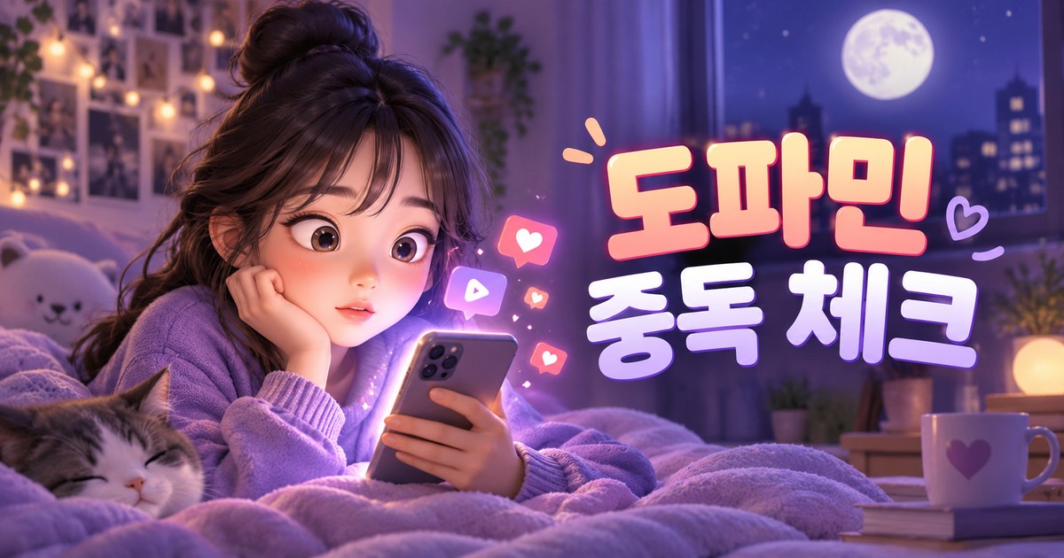 휴대폰을 바라보는 인물과 도파민 중독 체크 제목이 있는 프로그램 대표 이미지