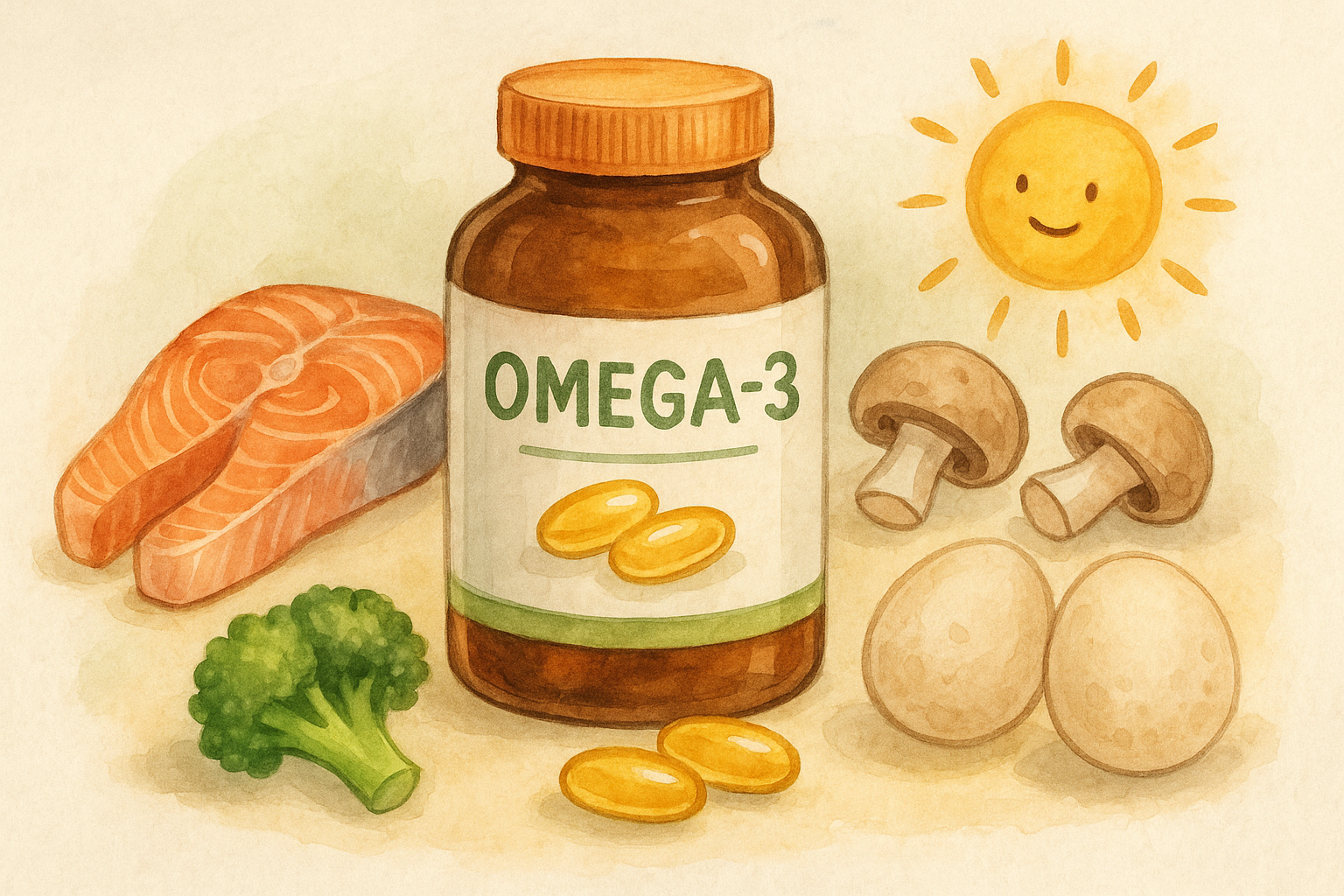 오메가 3이 풍부한 식품으로 연어, 브로콜리, 달걀, 버섯이 있다.