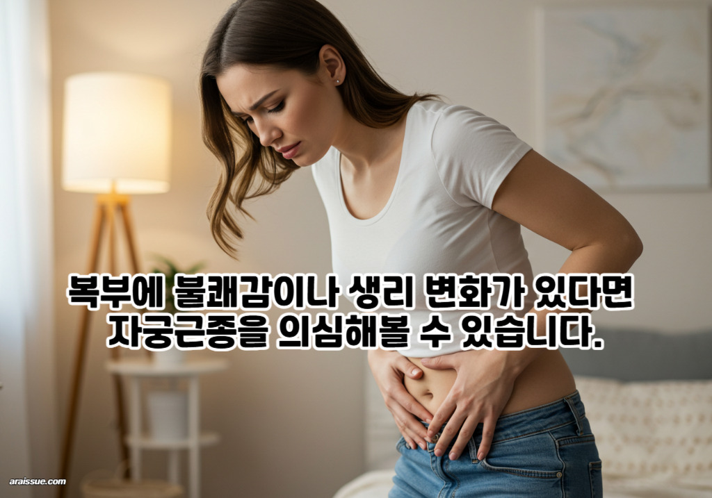 복부 불편함을 느끼고 있는 여성, 생리 변화와 함께 자궁근종을 의심하는 상황