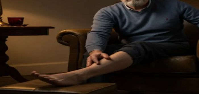 의자에 앉아 종아리를 만지며 근육통을 느끼는 중장년 남성의 모습, 하지근육경련이나 다리 경련 증상을 표현